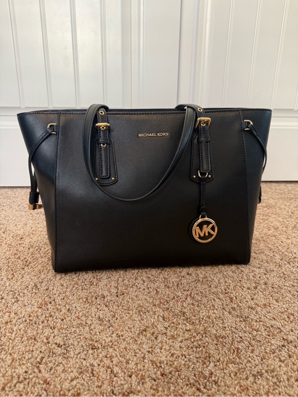 Michael Kors Black Leather Tote with Gold Hardware
